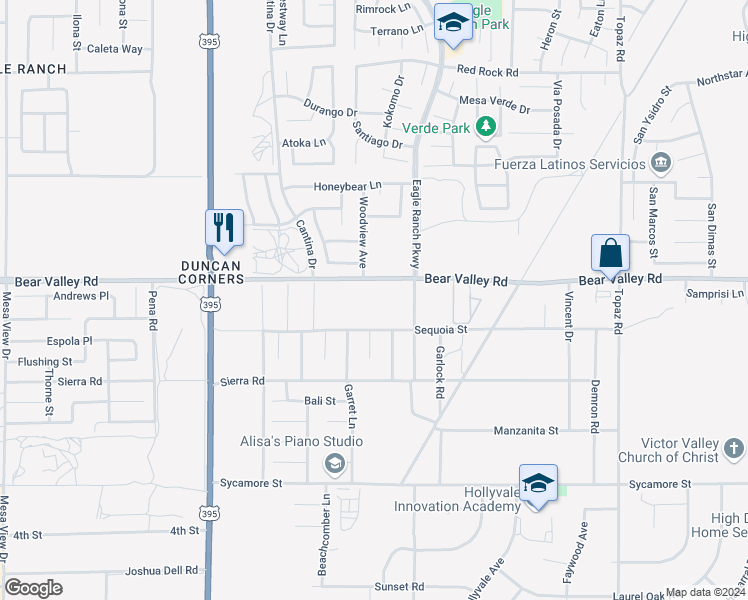 map of restaurants, bars, coffee shops, grocery stores, and more near 13660 Bear Valley Road in Victorville