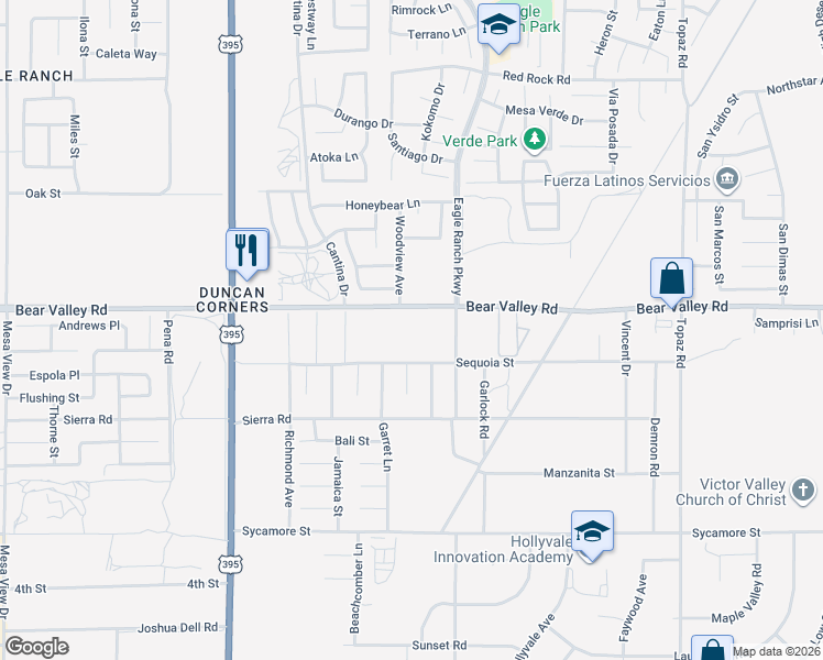 map of restaurants, bars, coffee shops, grocery stores, and more near 12391 Western Skies Way in Victorville