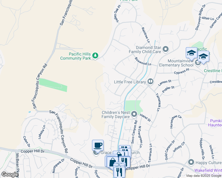 map of restaurants, bars, coffee shops, grocery stores, and more near 22849 White Pine Place in Santa Clarita