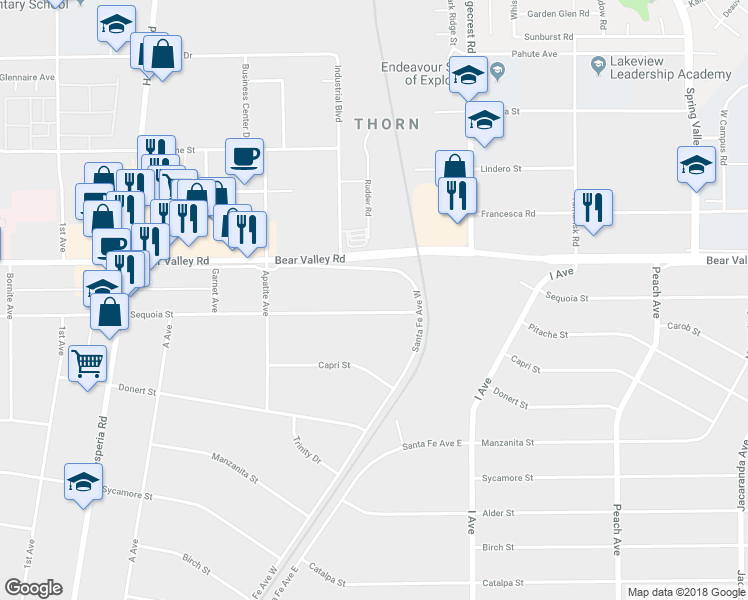 map of restaurants, bars, coffee shops, grocery stores, and more near 17471 Bear Valley Road in Hesperia