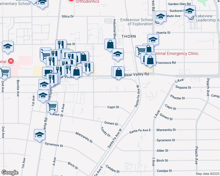 map of restaurants, bars, coffee shops, grocery stores, and more near 17408 Sequoia Avenue in Hesperia