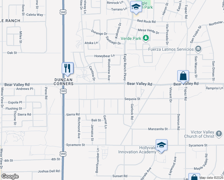 map of restaurants, bars, coffee shops, grocery stores, and more near 12391 Western Skies Way in Victorville