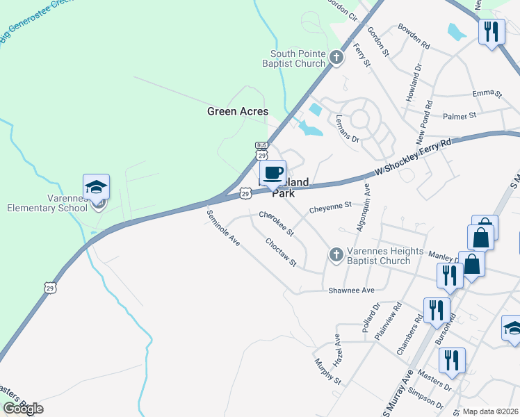 map of restaurants, bars, coffee shops, grocery stores, and more near 485 Cherokee Street in Anderson