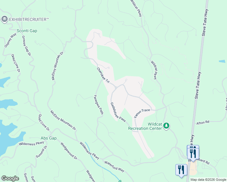 map of restaurants, bars, coffee shops, grocery stores, and more near 2228 Cherokee Trail in Dawsonville