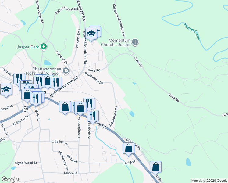 map of restaurants, bars, coffee shops, grocery stores, and more near 312 Ridgewood Road in Jasper