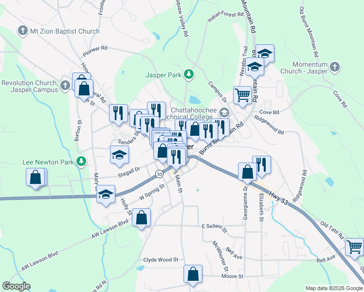 map of restaurants, bars, coffee shops, grocery stores, and more near 74 Kelley Lane in Ranger