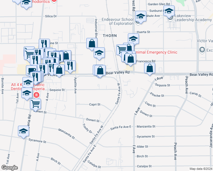 map of restaurants, bars, coffee shops, grocery stores, and more near 17502 Sequoia Avenue in Hesperia