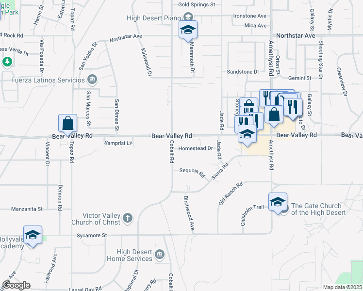 map of restaurants, bars, coffee shops, grocery stores, and more near 13334 Homestead Drive in Victorville