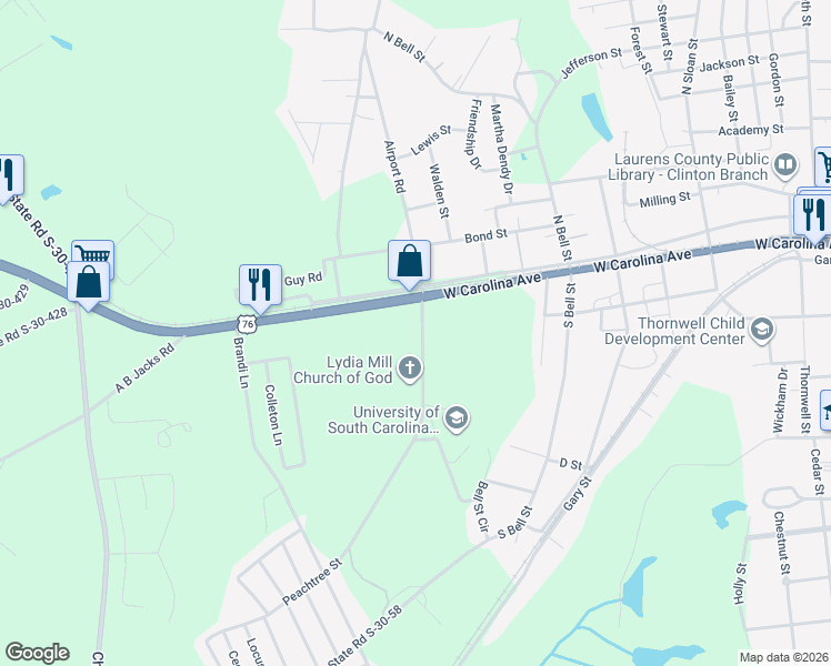 map of restaurants, bars, coffee shops, grocery stores, and more near 101 Peachtree Street in Clinton