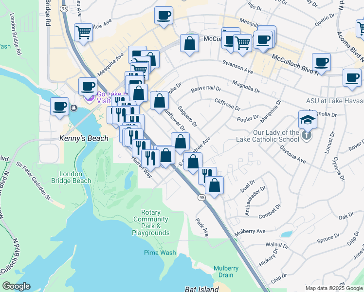 map of restaurants, bars, coffee shops, grocery stores, and more near 256 Lake Havasu Avenue in Lake Havasu City