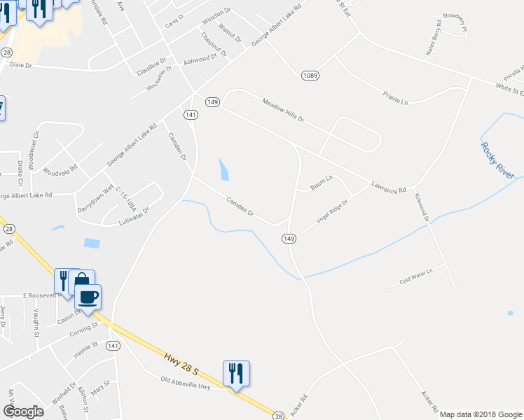 map of restaurants, bars, coffee shops, grocery stores, and more near 3155 Camden Drive in Anderson
