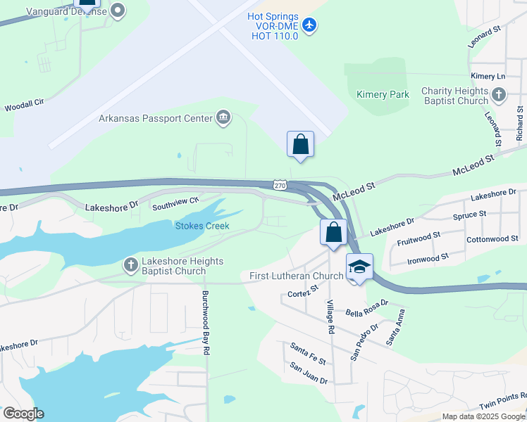 map of restaurants, bars, coffee shops, grocery stores, and more near 1541 Lakeshore Drive in Hot Springs