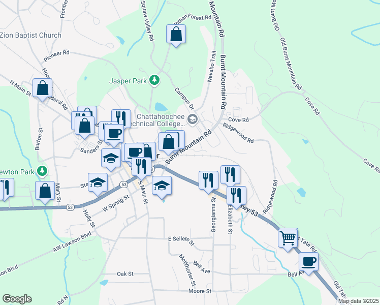 map of restaurants, bars, coffee shops, grocery stores, and more near 88 Burnt Mountain Road in Jasper