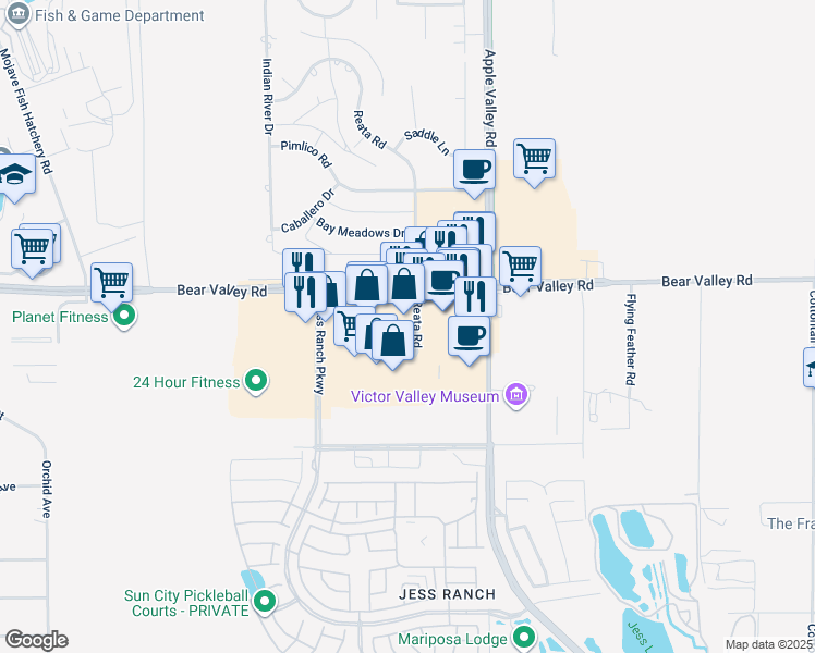 map of restaurants, bars, coffee shops, grocery stores, and more near 19157 Bear Valley Road in Apple Valley