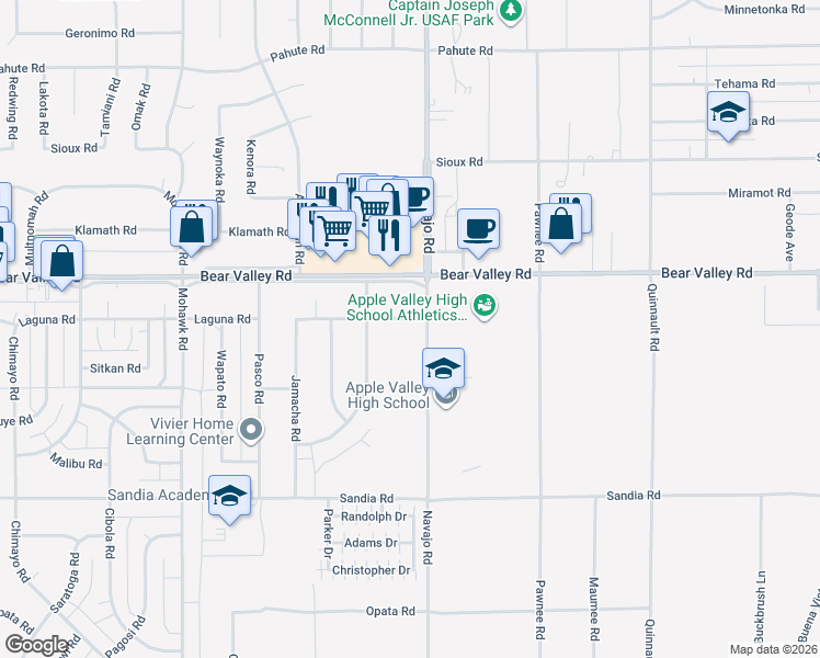map of restaurants, bars, coffee shops, grocery stores, and more near 21667 Laguna Road in Apple Valley