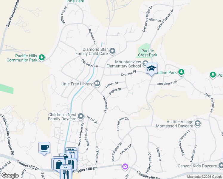 map of restaurants, bars, coffee shops, grocery stores, and more near in Santa Clarita