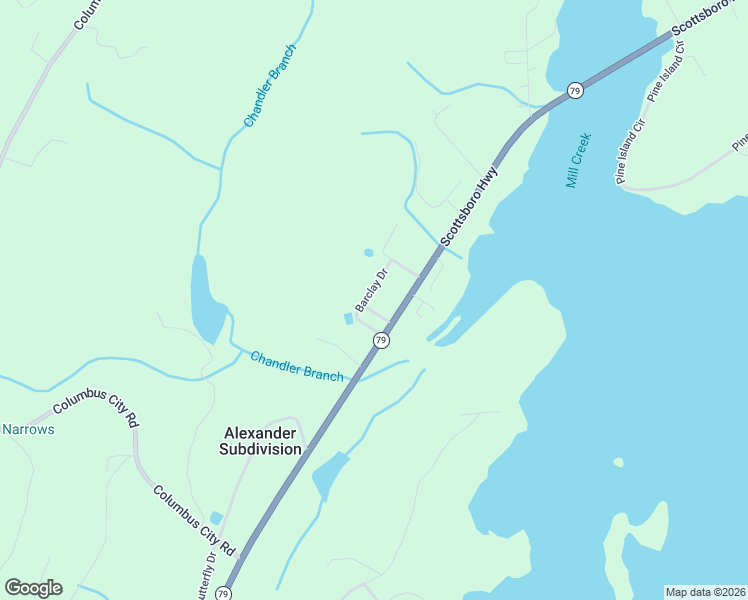 map of restaurants, bars, coffee shops, grocery stores, and more near 170 Barclay Drive in Scottsboro