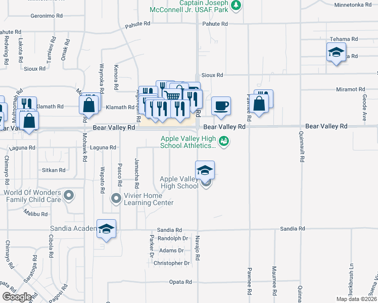 map of restaurants, bars, coffee shops, grocery stores, and more near 21687 Laguna Road in Apple Valley