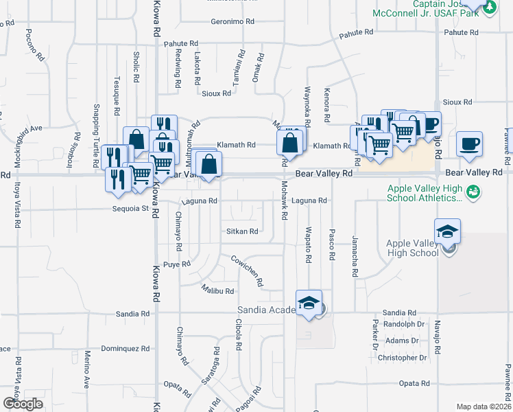 map of restaurants, bars, coffee shops, grocery stores, and more near 11999 Omak Road in Apple Valley