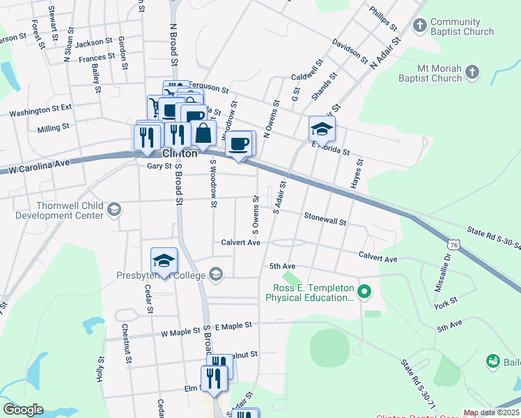 map of restaurants, bars, coffee shops, grocery stores, and more near 300 South Owens Street in Clinton