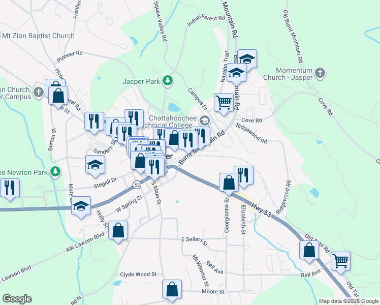 map of restaurants, bars, coffee shops, grocery stores, and more near Pioneer Road in Jasper