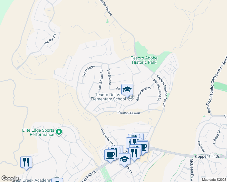 map of restaurants, bars, coffee shops, grocery stores, and more near 24086 Via Vista in Santa Clarita