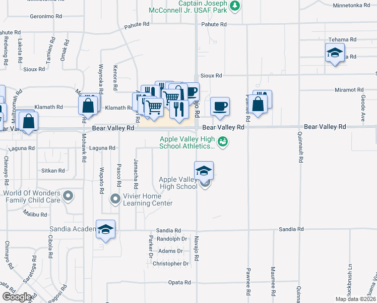 map of restaurants, bars, coffee shops, grocery stores, and more near 21687 Laguna Road in Apple Valley