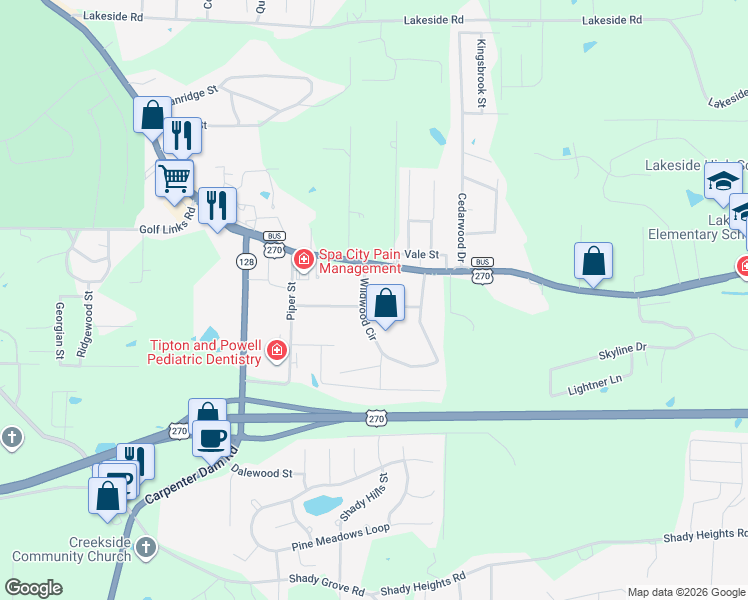 map of restaurants, bars, coffee shops, grocery stores, and more near 214 Glendale Street in Hot Springs