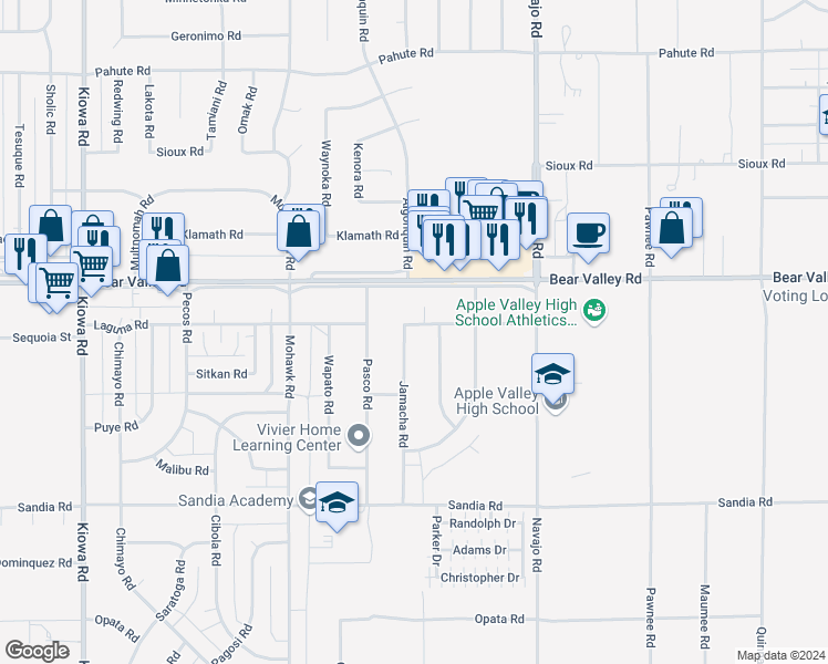 map of restaurants, bars, coffee shops, grocery stores, and more near 12011 Jamacha Road in Apple Valley