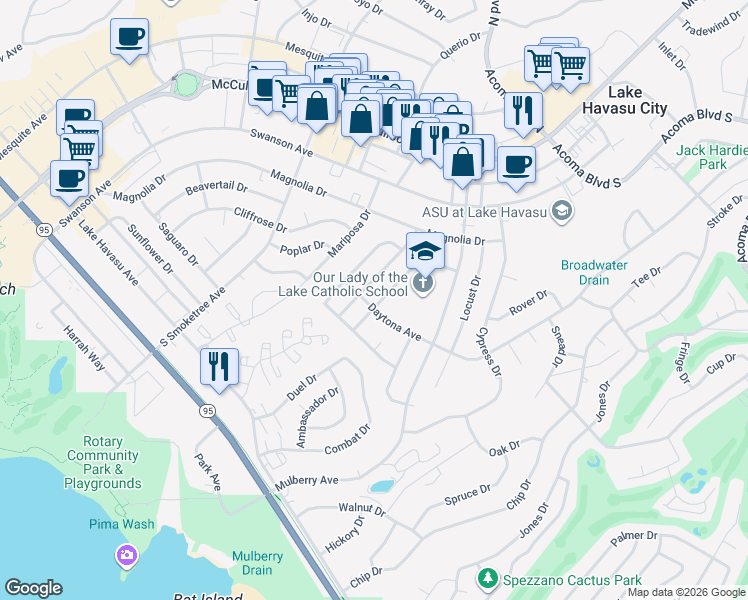 map of restaurants, bars, coffee shops, grocery stores, and more near 197 Greentree Drive in Lake Havasu City