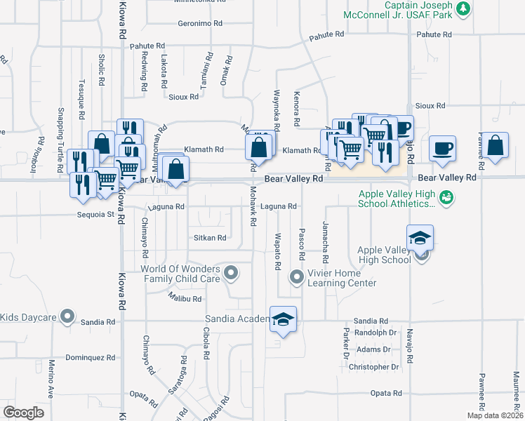 map of restaurants, bars, coffee shops, grocery stores, and more near 21253 Laguna Road in Apple Valley