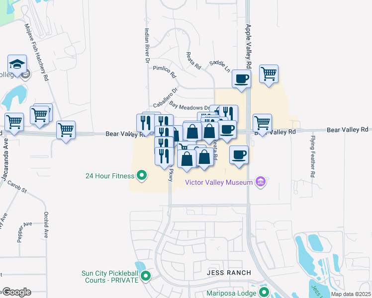 map of restaurants, bars, coffee shops, grocery stores, and more near 19059 Bear Valley Road in Apple Valley