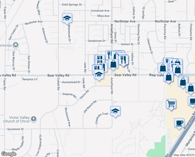 map of restaurants, bars, coffee shops, grocery stores, and more near 13605 Bear Valley Road in Victorville