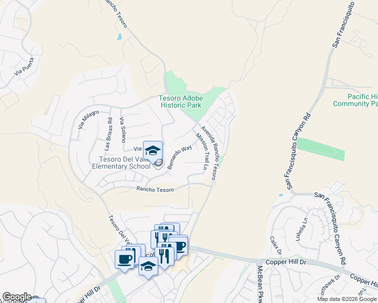 map of restaurants, bars, coffee shops, grocery stores, and more near 29242 Bernardo Way in Santa Clarita