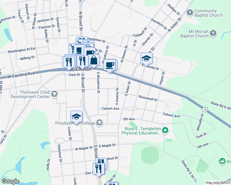 map of restaurants, bars, coffee shops, grocery stores, and more near 300 South Owens Street in Clinton