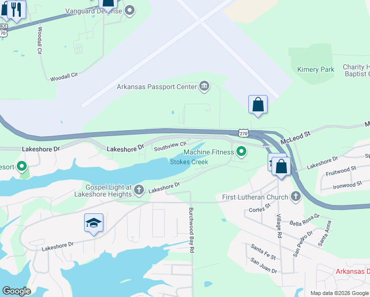 map of restaurants, bars, coffee shops, grocery stores, and more near 128 Southview Circle in Hot Springs
