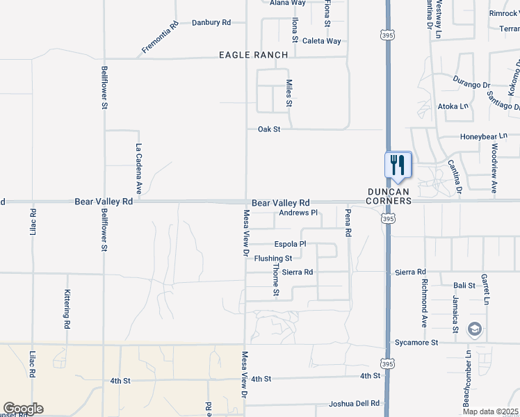 map of restaurants, bars, coffee shops, grocery stores, and more near 11740 Andrews Place in Victorville