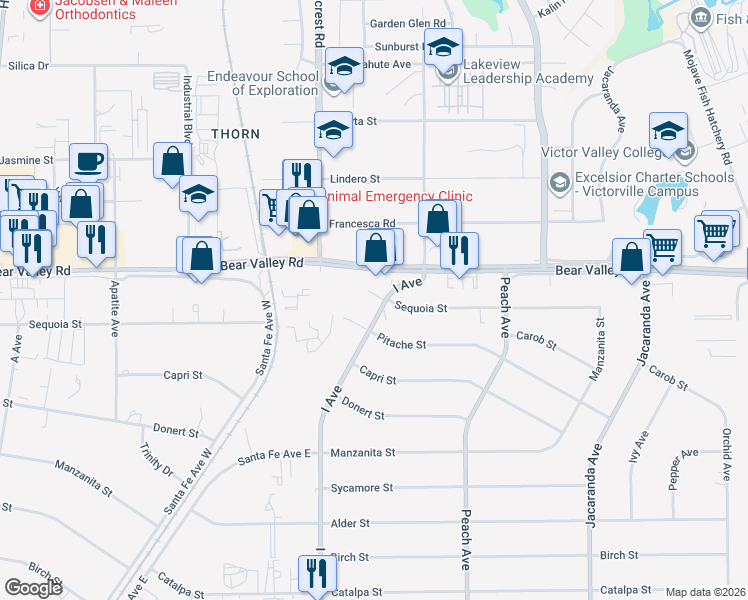 map of restaurants, bars, coffee shops, grocery stores, and more near 12034 I Avenue in Hesperia