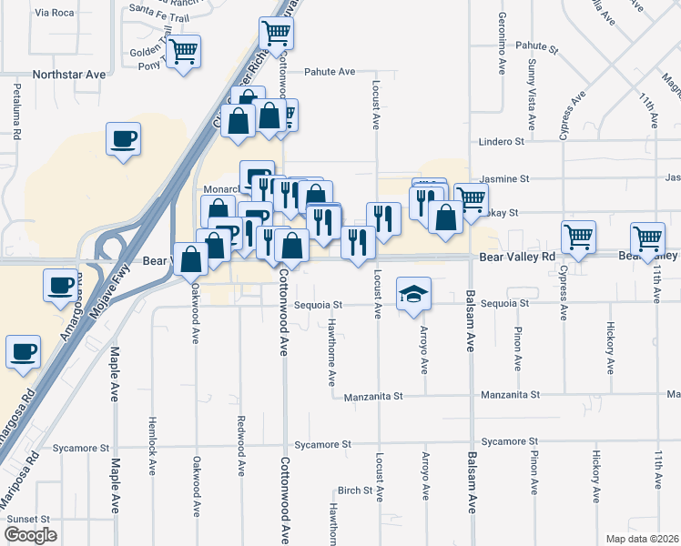map of restaurants, bars, coffee shops, grocery stores, and more near 15011 Bear Valley Road in Hesperia