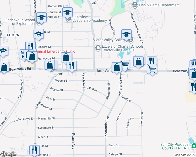 map of restaurants, bars, coffee shops, grocery stores, and more near 18170 Sequoia Street in Hesperia
