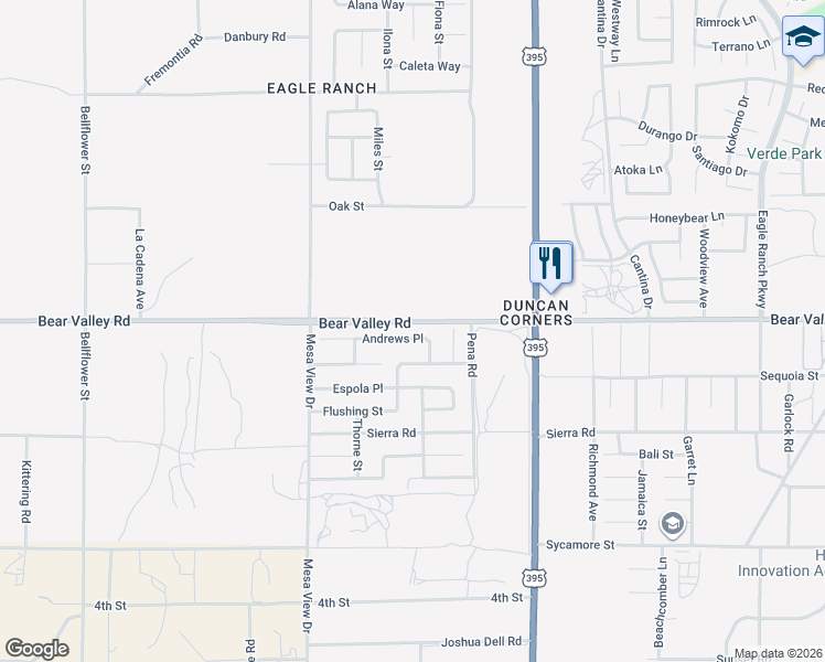 map of restaurants, bars, coffee shops, grocery stores, and more near 11914 Andrews Place in Victorville