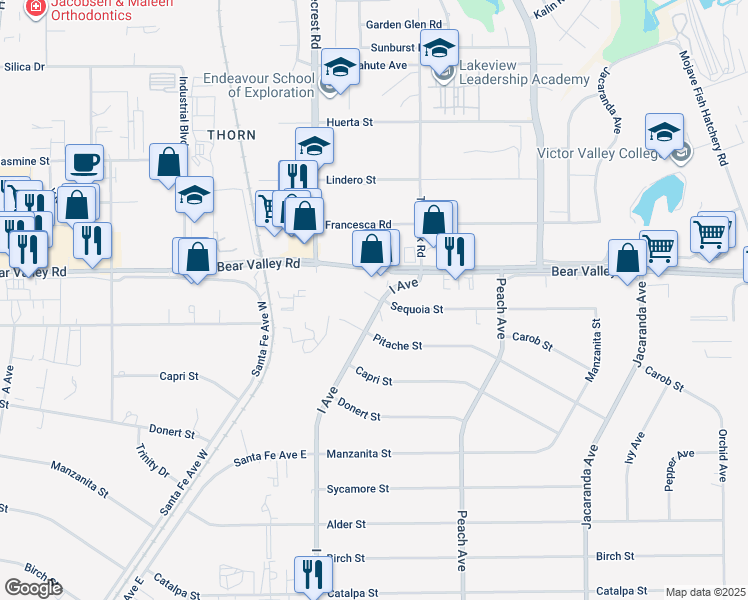 map of restaurants, bars, coffee shops, grocery stores, and more near 12040 I Avenue in Hesperia