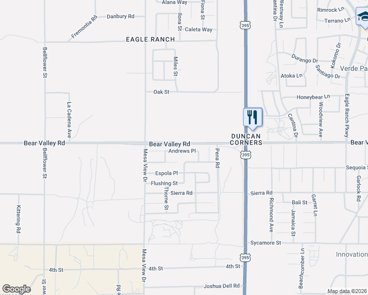 map of restaurants, bars, coffee shops, grocery stores, and more near 11866 Andrews Place in Victorville