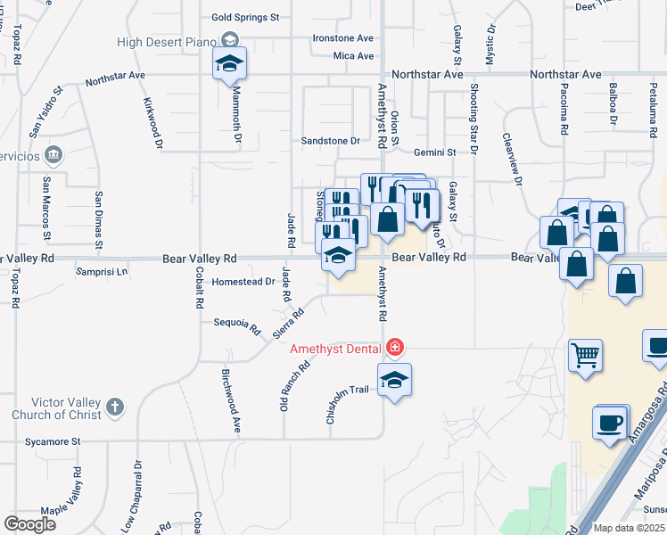 map of restaurants, bars, coffee shops, grocery stores, and more near 13605 Bear Valley Road in Victorville