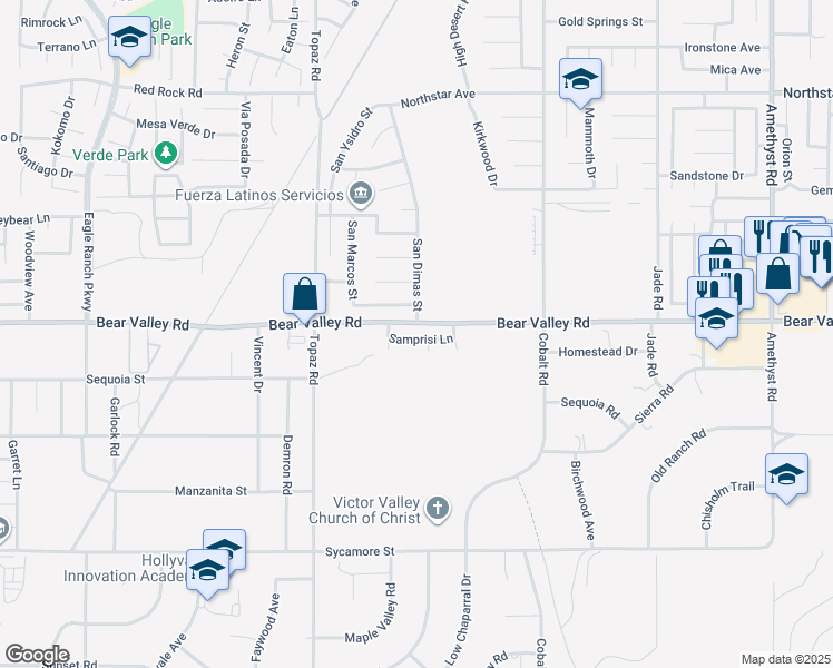 map of restaurants, bars, coffee shops, grocery stores, and more near 13080 Samprisi Lane in Victorville