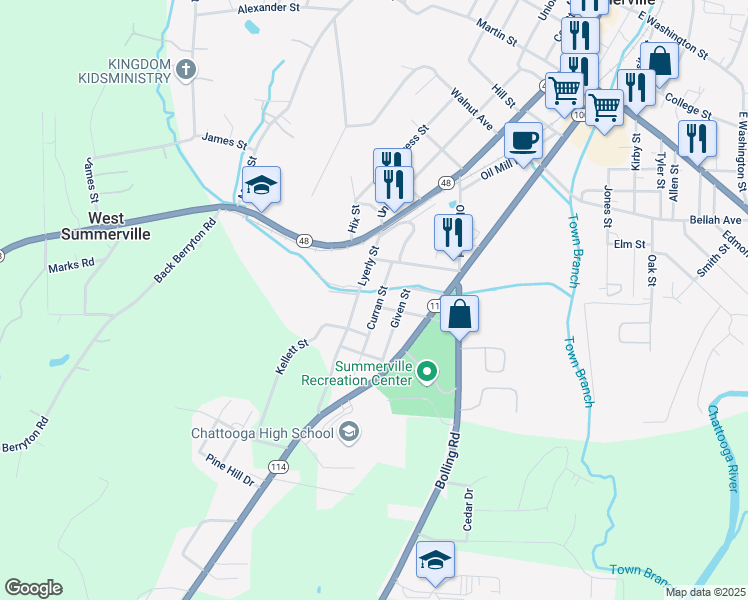 map of restaurants, bars, coffee shops, grocery stores, and more near 85 Curran Street in Summerville