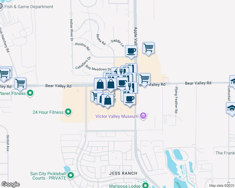 map of restaurants, bars, coffee shops, grocery stores, and more near 19201 Bear Valley Road in Apple Valley