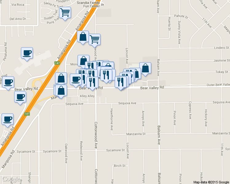map of restaurants, bars, coffee shops, grocery stores, and more near 15011 Bear Valley Road in Hesperia