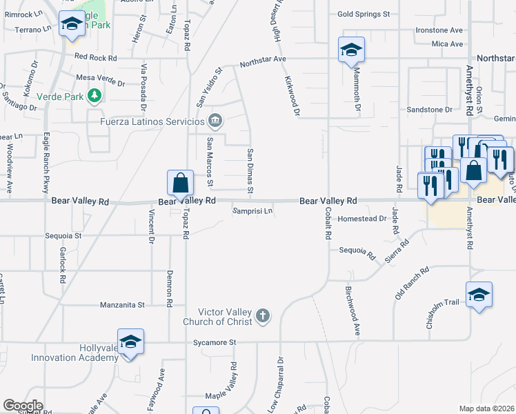 map of restaurants, bars, coffee shops, grocery stores, and more near 13080 Samprisi Lane in Victorville