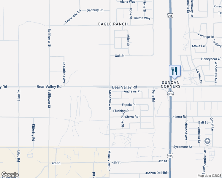 map of restaurants, bars, coffee shops, grocery stores, and more near 11740 Andrews Place in Victorville